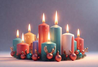 The primary subject of the image is a beautifully decorated Christmas tree. The tree is adorned with ornaments, including red and green balls, and is surrounded by lit candles. The setting is a white background, which provides a clean and elegant appearance to the scene. The visual style of the image is a combination of photo and digital art, creating a realistic yet artistic representation of the Christmas tree. The colors and mood of the image are predominantly red, green, and white, evoking a warm and fest